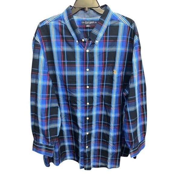 US Polo Assn. 4XL Shirt Navy Blue Plaid Button Down Pocket Logo Long Sleeves Big - Picture 1 of 4